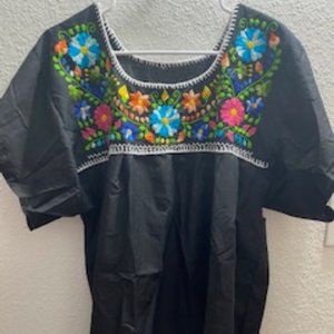 Authentic Mexican Black Top With Colorful Embellishment